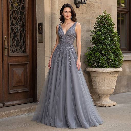 Elegant Woman in Gray Beaded Prom Dress