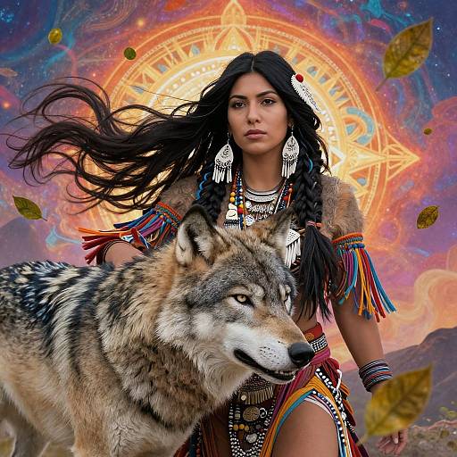 Digital artwork: Indigenous woman with long black hair, tribal jewelry, and colorful fringe dress, stands confidently beside a wolf, with a glowing, mystical,