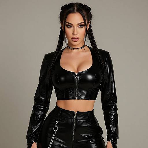 Photograph of a confident woman with long braided black hair, wearing a black leather crop top and high-waisted pants, choker necklace,