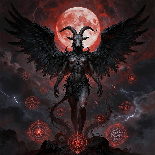 Digital artwork of a demonic, black-winged, horned creature with a muscular, humanoid body and dark feathers, standing before a glowing red full moon