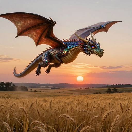 Digital artwork of a vibrant, blue-scaled dragon with red wings soaring over a golden wheat field at sunset. The sky is orange and pink, and