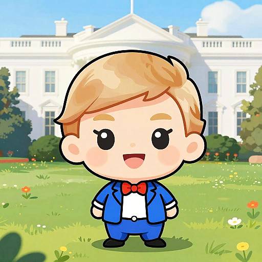 Chibi-style cartoon boy with blonde hair, blue suit, red bowtie, white shirt, standing in front of the White House lawn. Bright,