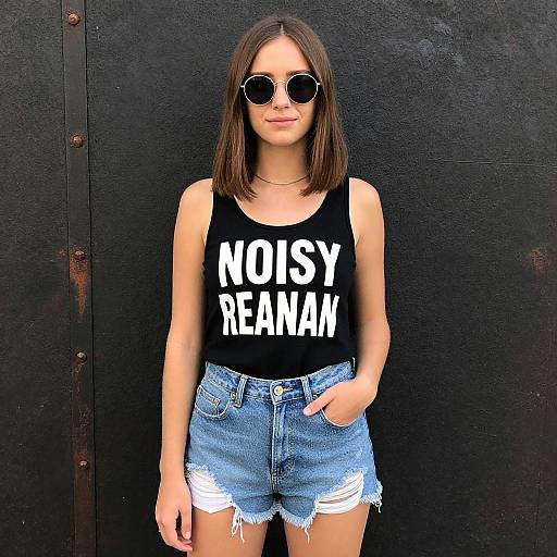 Photograph of a young woman with straight brown hair, wearing round sunglasses, black tank top with 