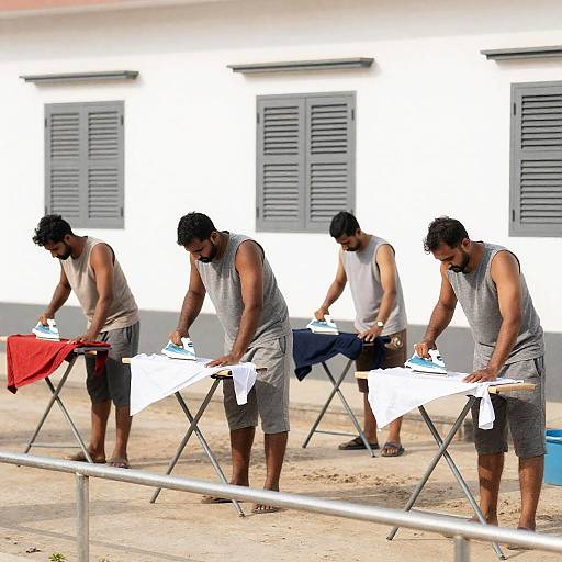 Men Ironing Clothes in Sunlit Setting