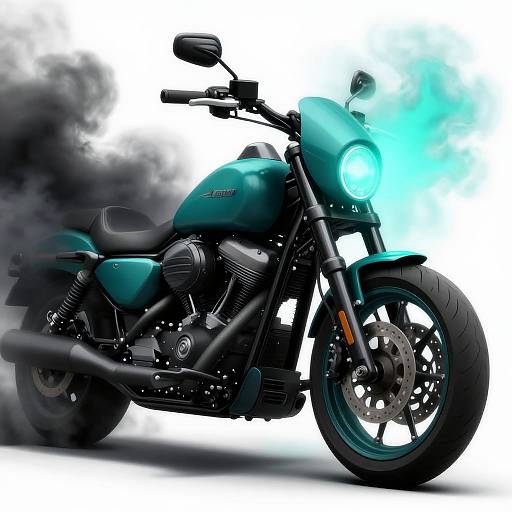 Photorealistic digital artwork of a green Kawasaki motorcycle with glowing blue headlight, black exhaust, and smoky black background.