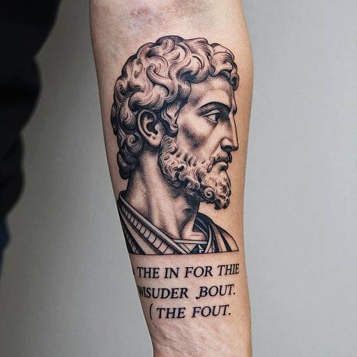 Photograph of a black ink tattoo on a forearm featuring a detailed, classical-style profile of an older man with curly hair, beard, and a robe