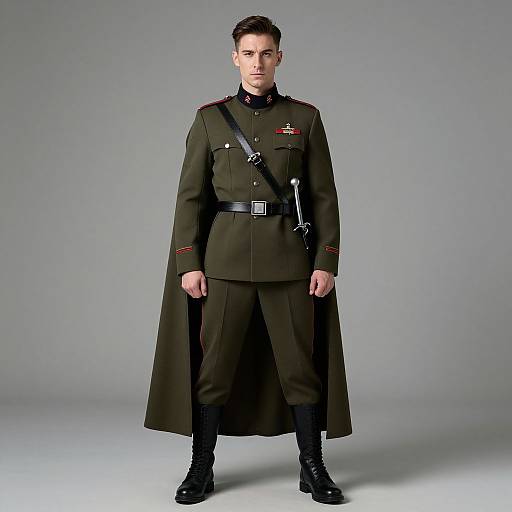 Photograph of a young man in a dark green military uniform with a long coat, black belt, red accents, and black boots, standing against a
