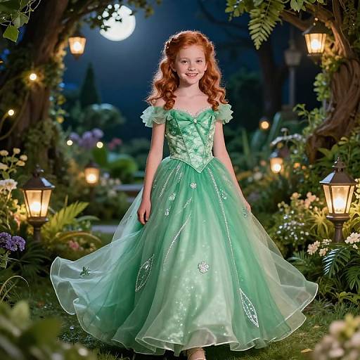 Photograph of a smiling red-haired girl in a green, sparkling fairy-tale dress, standing in a moonlit, enchanted garden with lanterns and