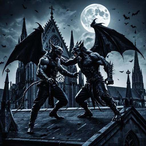 Epic Battle Between Male Gargoyles on Gothic Cathedral Rooftop