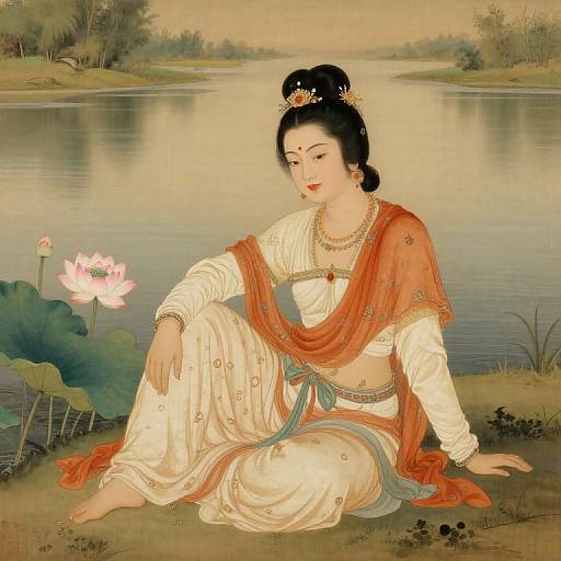 Digital illustration of a serene Asian woman in traditional white and orange attire, sitting by a tranquil lake with a blooming lotus flower.