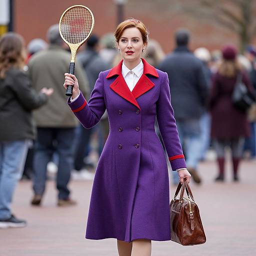 Photograph of a fair-skinned woman with red hair, wearing a purple coat with red accents, holding a tennis racket and brown handbag, amidst