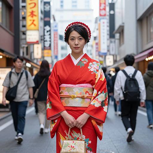 Photograph of a Japanese woman in a vibrant red kimono with floral patterns, standing confidently in a bustling urban street at night, surrounded by blurred pedestrians