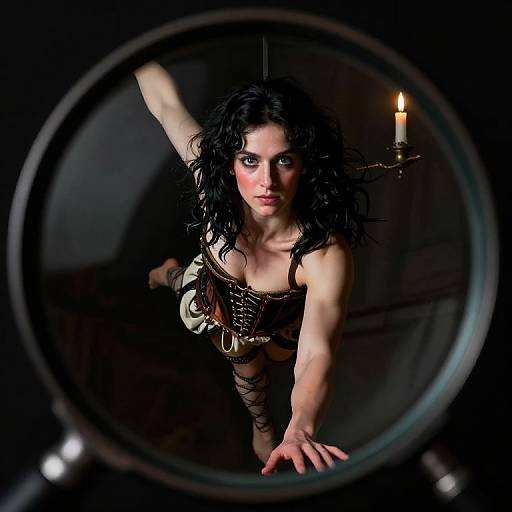 Photograph of a pale-skinned woman with black curly hair, wearing a corset and black lace, leaning forward through a magnifying glass, dim