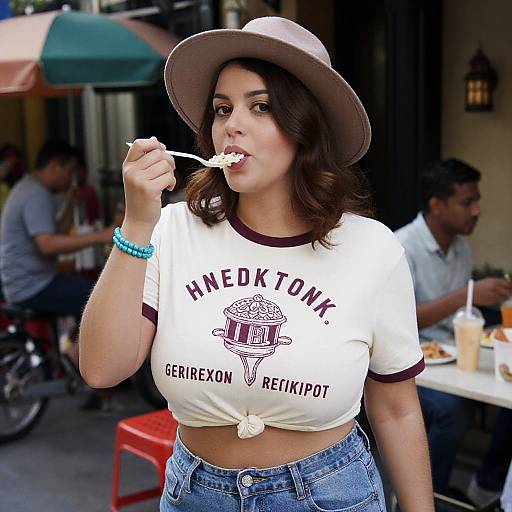 Photograph of a curvy woman with dark hair, wearing a brown hat, white 