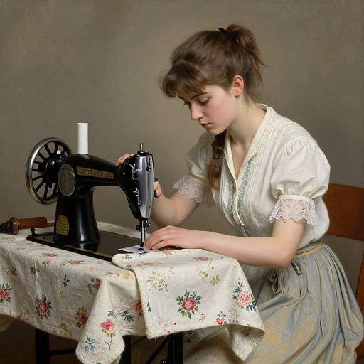 Photograph of a young woman with brown hair in a bun, wearing a white lace-trimmed blouse and blue skirt, sewing on a black vintage