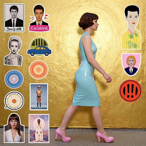 Woman in Latex Dress Walking by Golden Wall with Stickers