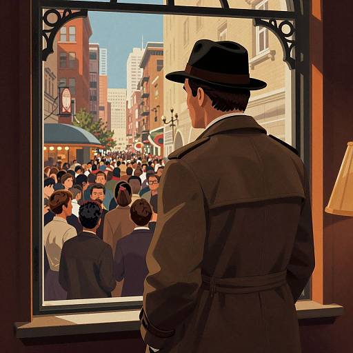 Digital art: A man in a brown trench coat and black hat observes a crowded, sunlit city street through a window.