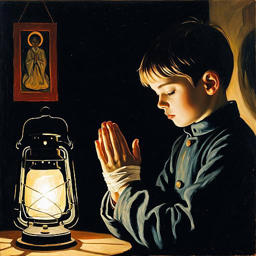 Bandaged Child Praying by Glowing Lantern