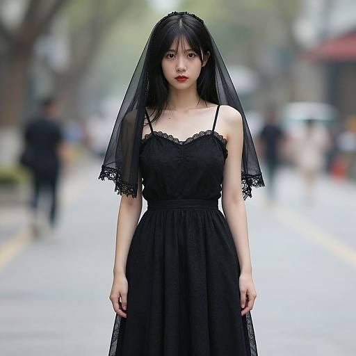 Photograph of an East Asian woman with pale skin, black dress, and veil, standing on a blurred city street, wearing red lipstick.
