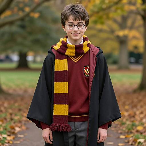 Boy in Harry Potter Gryffindor Costume Outdoors