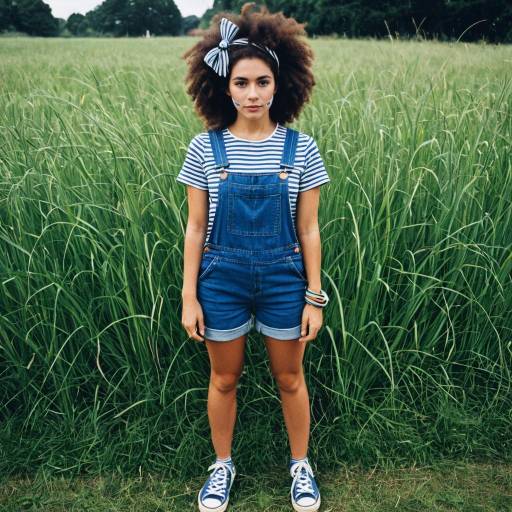 Young Woman in Blue Overalls Standing in Grass Field