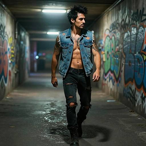 Photograph of a muscular, tattooed man with spiked black hair, wearing a sleeveless denim vest, ripped jeans, and boots, walking down a