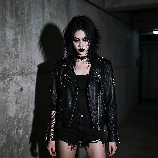 Photograph of a pale woman with black, messy hair, wearing a studded black leather jacket, black top, and shorts, standing in a dim