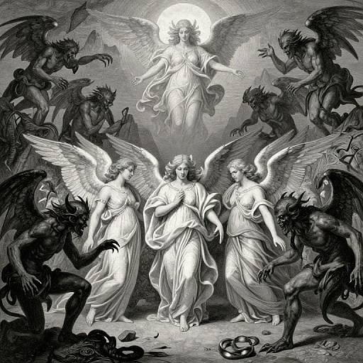 Black-and-white engraving of angelic women with wings, surrounded by demon-like creatures, with a radiant haloed figure above them.