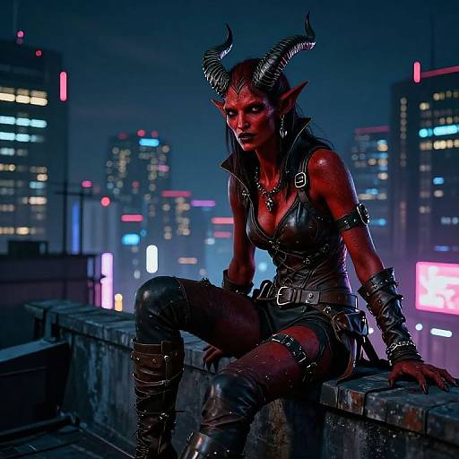 CGI fantasy image of a dark-skinned, red demonic woman with horns, leather outfit, and city lights backdrop at night.
