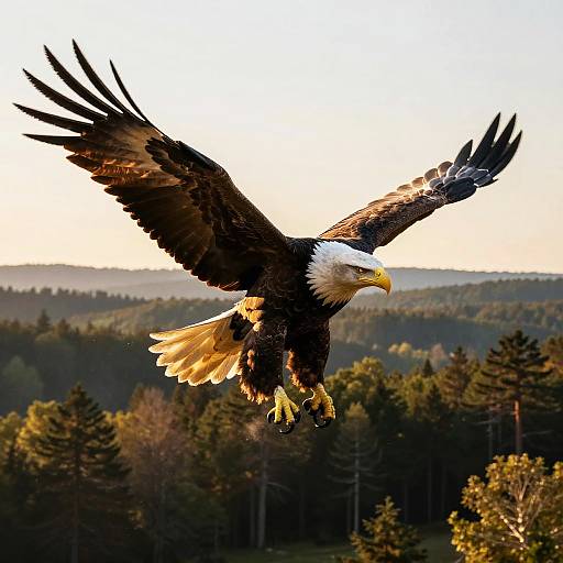 Photograph of a majestic bald eagle with outstretched wings soaring over a dense, sunlit forest during sunset.