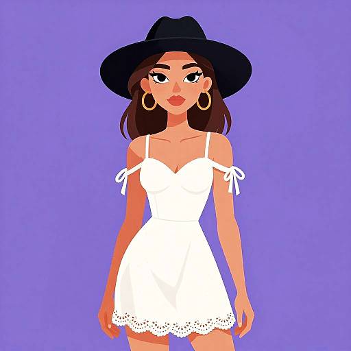 Bohemian Chic Woman in White Dress and Black Hat