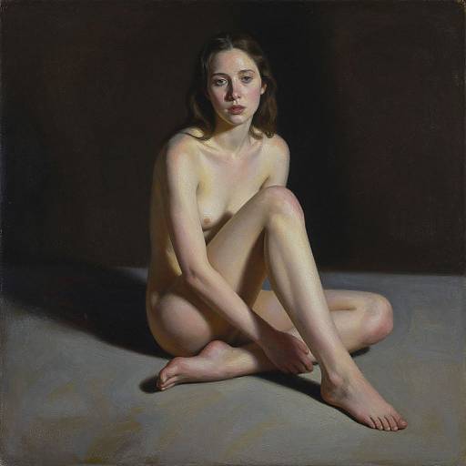 Photorealistic painting of a nude, light-skinned woman with brown hair, sitting on a gray floor, legs crossed, in shadowy lighting.