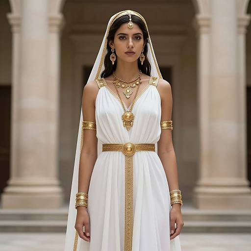 Photograph of a beautiful Indian woman in a white traditional wedding dress with gold embroidery and jewelry, standing in a grand, colonnaded building.