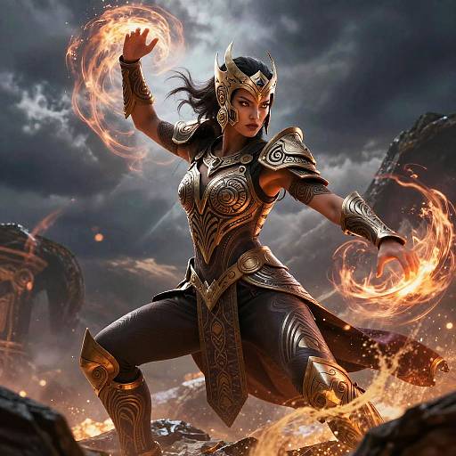 Digital artwork of a fierce, dark-skinned warrior woman with black hair, adorned in ornate silver armor, conjuring fire with outstretched hands