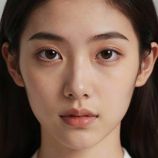 Close-up photograph of an Asian woman with fair skin, straight black hair, brown eyes, and subtle makeup, looking directly at the camera.