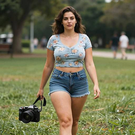 Photograph of a curvy woman with light skin and brown hair, wearing a floral crop top and denim shorts, walking in a park while holding a