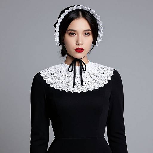 Photograph of an Asian woman with pale skin, black hair, red lipstick, wearing a black dress with white lace collar and black ribbon, and a