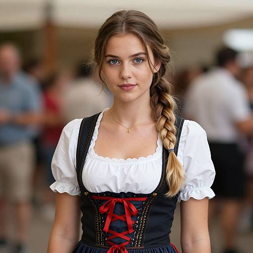 Photograph of a young white woman with blue eyes, long blonde braid, wearing a white blouse and black dirndl with red laces, standing