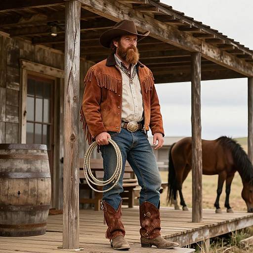 Photograph of a bearded cowboy with a brown hat, fringed jacket, blue jeans, and boots, holding a lasso outside a wooden sal