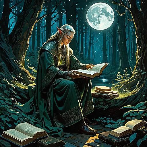 Elven Scholar Reading by Moonlight