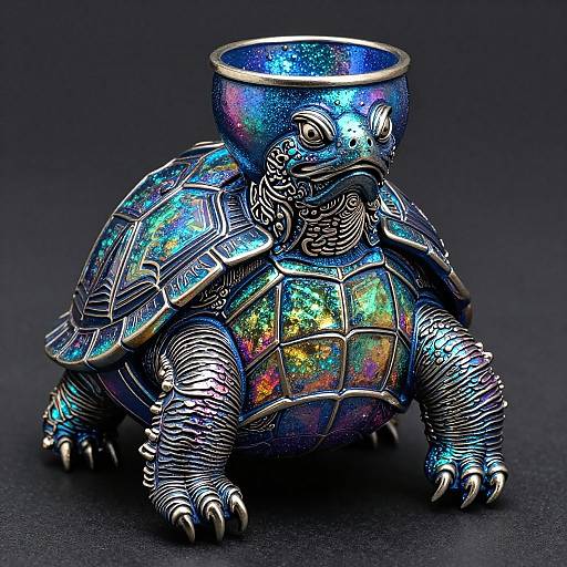 Photograph of an intricately designed, silver turtle-shaped jewelry box with vibrant, iridescent blue, green, and yellow patterns against a dark background