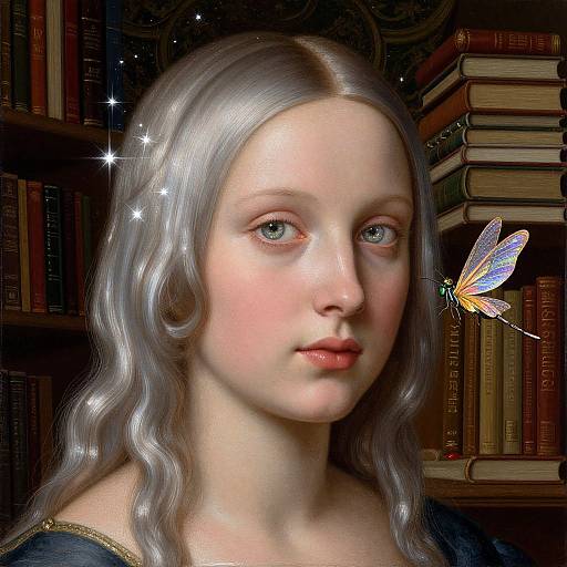 Digital artwork of a fair-skinned, silver-haired woman with blue eyes, wearing a dark top, in a dimly lit library with sparkling stars and