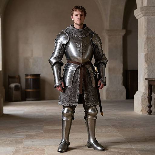 Photograph of a handsome, brown-haired man in silver medieval armor standing in a dimly lit stone castle hallway.