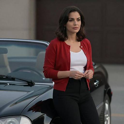 Woman by Black Convertible at Dusk