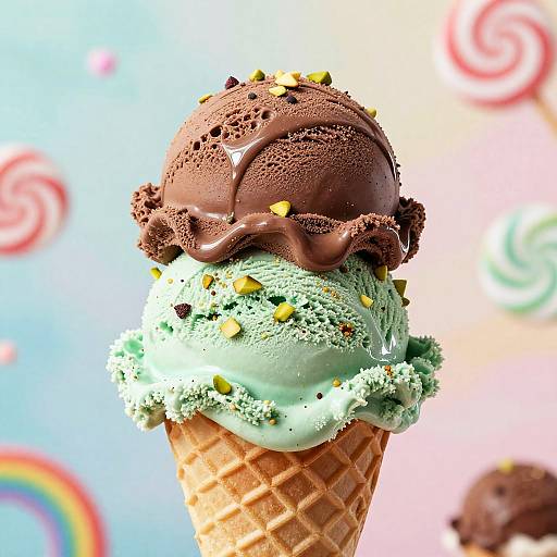 Photograph of a double-scoop ice cream cone with chocolate and mint flavors, topped with yellow sprinkles, against a colorful, swirly background