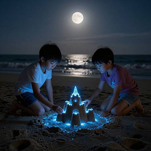 Two boys kneel on a moonlit beach, building a glowing blue castle sandcastle under the full moon. Photograph.