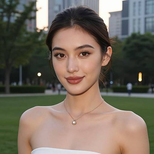 Photograph of an East Asian woman with fair skin, dark hair in an updo, wearing a strapless white top, gold necklace, and subtle