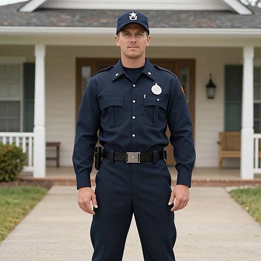Photograph of a serious male police officer in dark uniform, cap, and badge, standing on a suburban front porch pathway.