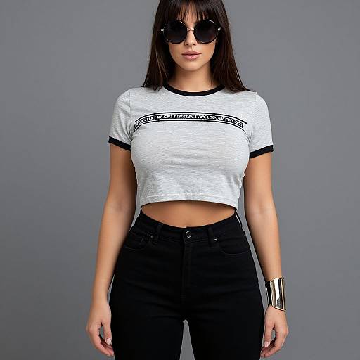 Photograph of a young woman with straight black hair, wearing black sunglasses, a white cropped t-shirt, black high-waisted jeans, and a