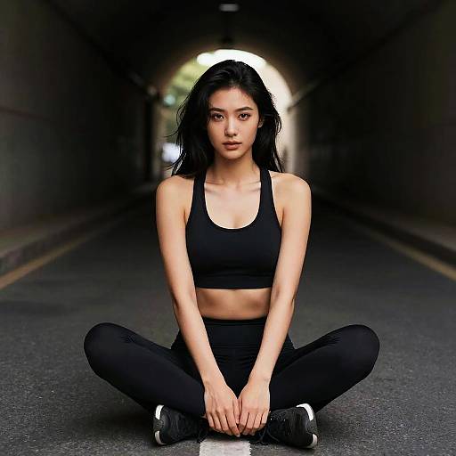 Photograph of an Asian woman with long black hair, wearing a black sports bra and pants, sitting cross-legged in a dimly lit, arched